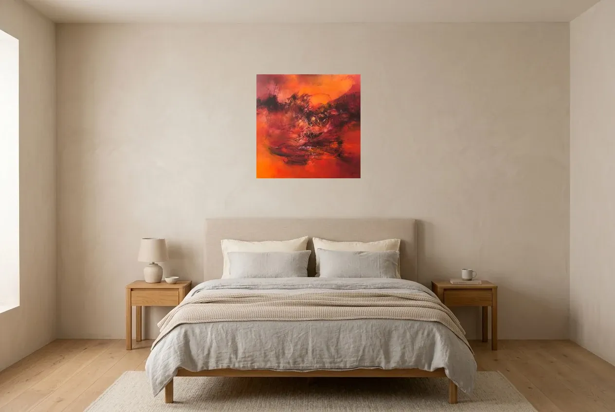 Tableau Abstrait Rouge 33 “Ombre”, peinture originale à l'huile par Régine Gardan, 60 × 60 cm, tableau rouge accroché dans une chambre