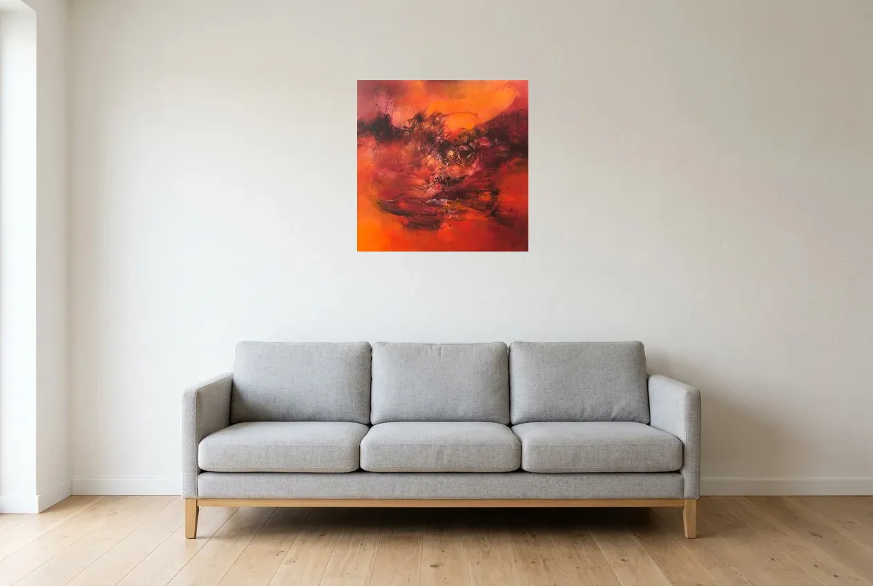 Tableau Abstrait Rouge 33 “Ombre”, peinture originale à l'huile par Régine Gardan, 60 × 60 cm, tableau rouge accroché dans un salon