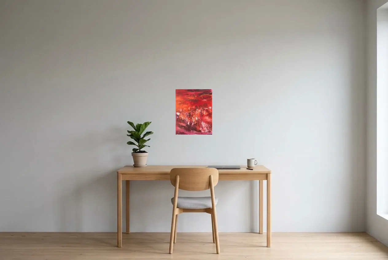 Tableau Abstrait Rouge 4 “Mars”, peinture originale à l'huile par Régine Gardan, 33 × 41 cm, tableau rouge accroché dans un bureau