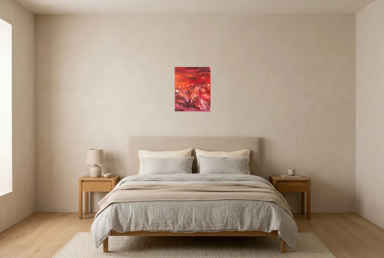 Tableau Abstrait Rouge 4 “Mars”, peinture originale à l'huile par Régine Gardan, 33 × 41 cm, tableau rouge accroché dans une chambre