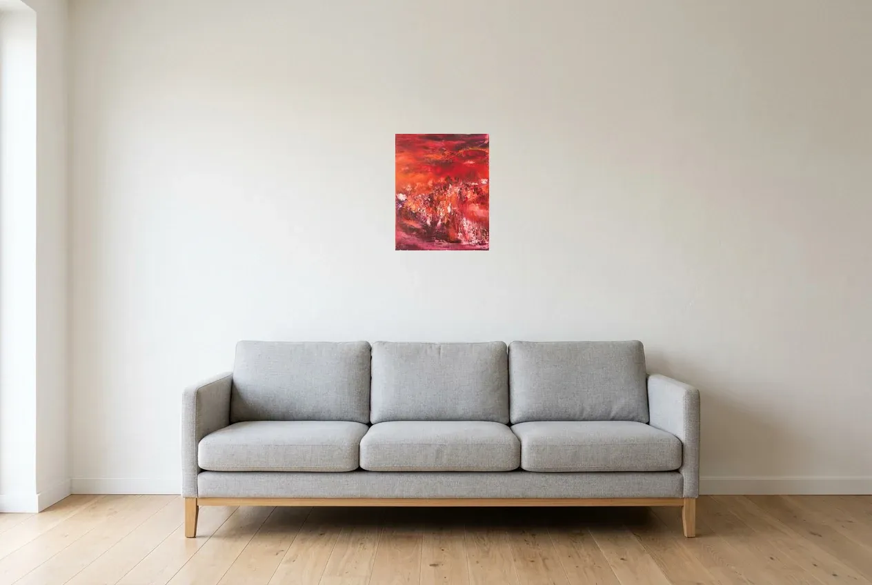 Tableau Abstrait Rouge 4 “Mars”, peinture originale à l'huile par Régine Gardan, 33 × 41 cm, tableau rouge accroché dans un salon