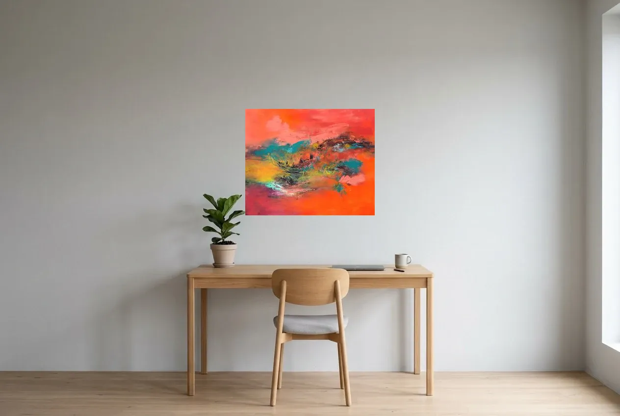 Tableau Abstrait Rouge 46 “Clairvoyance”, peinture originale à l'huile par Régine Gardan, 73 × 60 cm, tableau rouge accroché dans un bureau