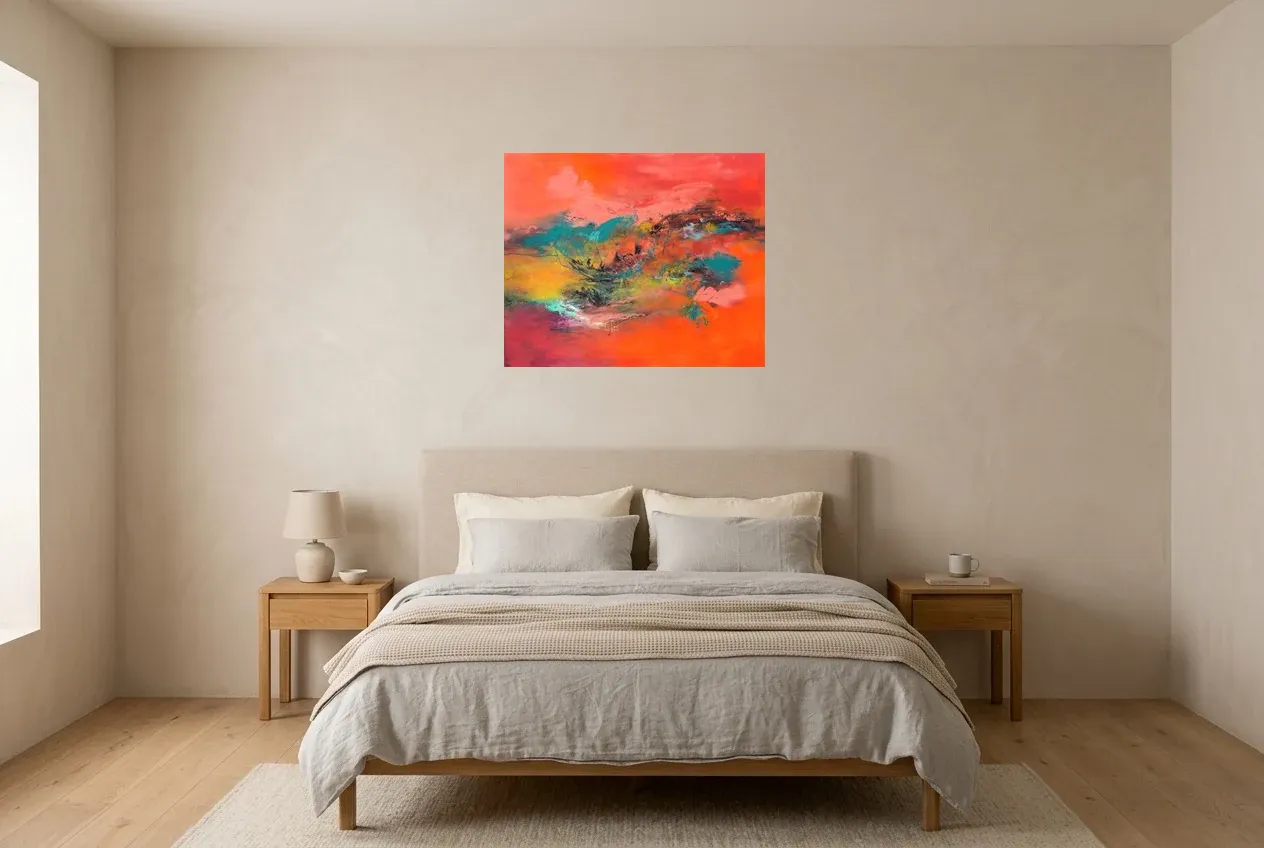 Tableau Abstrait Rouge 46 “Clairvoyance”, peinture originale à l'huile par Régine Gardan, 73 × 60 cm, tableau rouge accroché dans une chambre