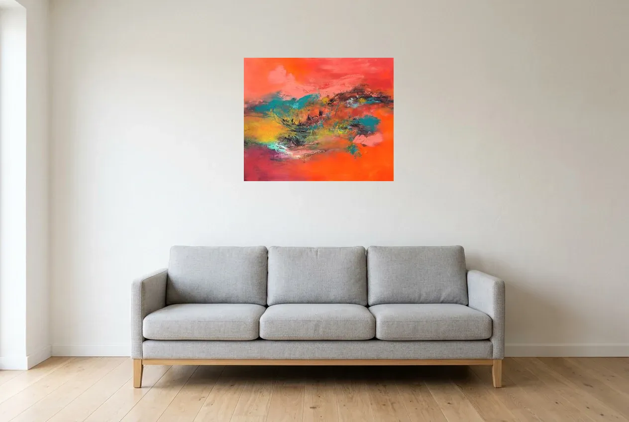 Tableau Abstrait Rouge 46 “Clairvoyance”, peinture originale à l'huile par Régine Gardan, 73 × 60 cm, tableau rouge accroché dans un salon