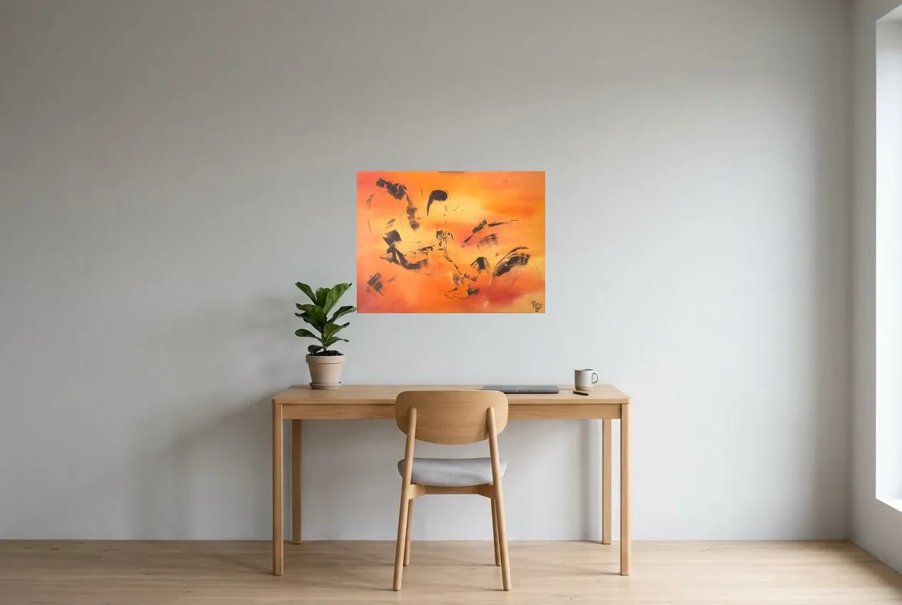 Tableau Abstrait Rouge 47 “Envol”, peinture originale à l'huile par Régine Gardan, 73 × 55 cm, tableau rouge accroché dans un bureau