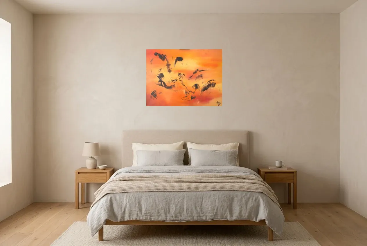 Tableau Abstrait Rouge 47 “Envol”, peinture originale à l'huile par Régine Gardan, 73 × 55 cm, tableau rouge accroché dans une chambre