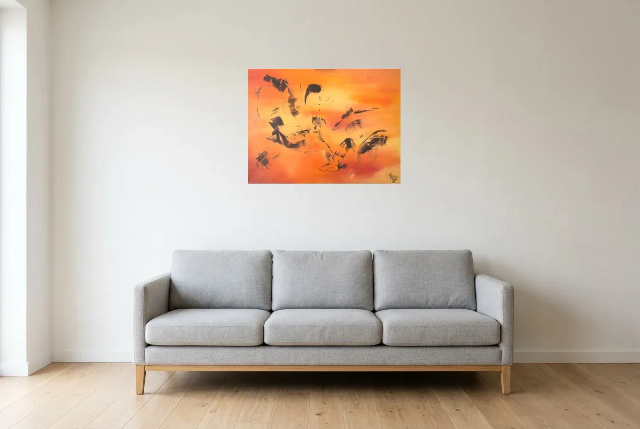 Tableau Abstrait Rouge 47 “Envol”, peinture originale à l'huile par Régine Gardan, 73 × 55 cm, tableau rouge accroché dans un salon