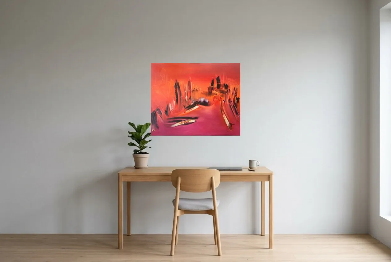 Tableau Abstrait Rouge 54 “Vision”, peinture originale à l'huile par Régine Gardan, 80 × 65 cm, tableau rouge accroché dans un bureau