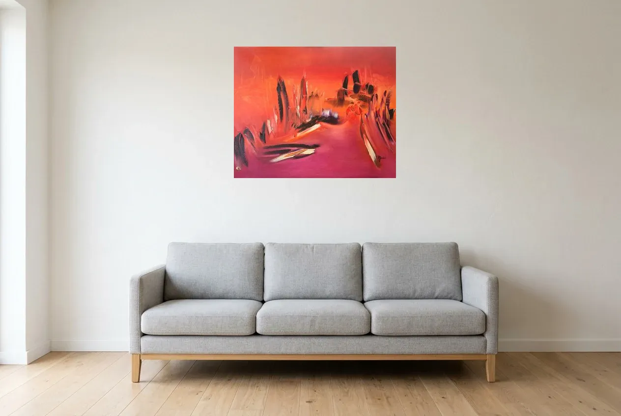 Tableau Abstrait Rouge 54 “Vision”, peinture originale à l'huile par Régine Gardan, 80 × 65 cm, tableau rouge accroché dans un salon