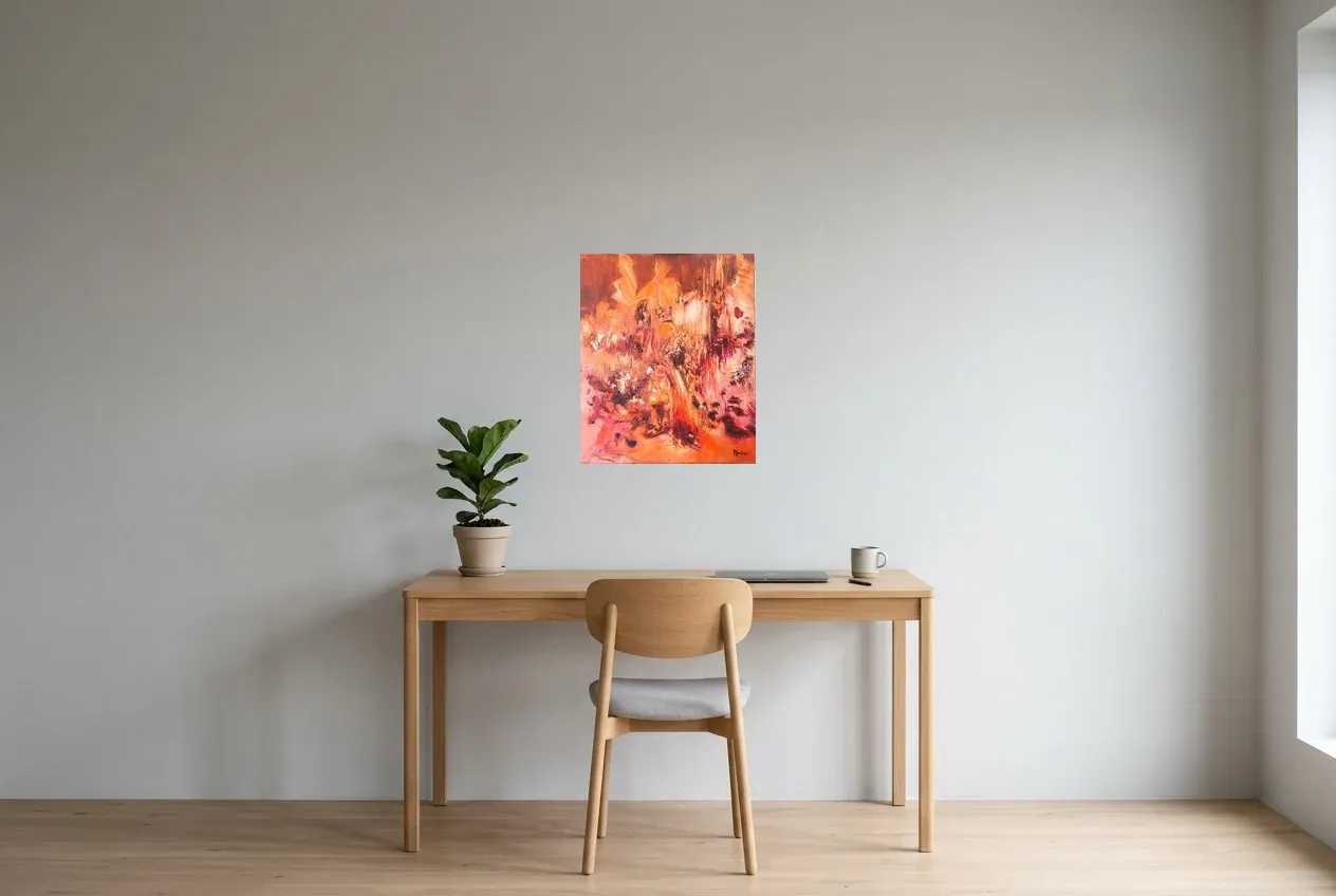 Tableau Abstrait Rouge 6 “Intensité”, peinture originale à l'huile par Régine Gardan, 46 × 55 cm, tableau rouge accroché dans un bureau