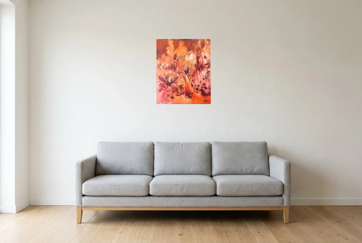 Tableau Abstrait Rouge 6 “Intensité”, peinture originale à l'huile par Régine Gardan, 46 × 55 cm, tableau rouge accroché dans un salon