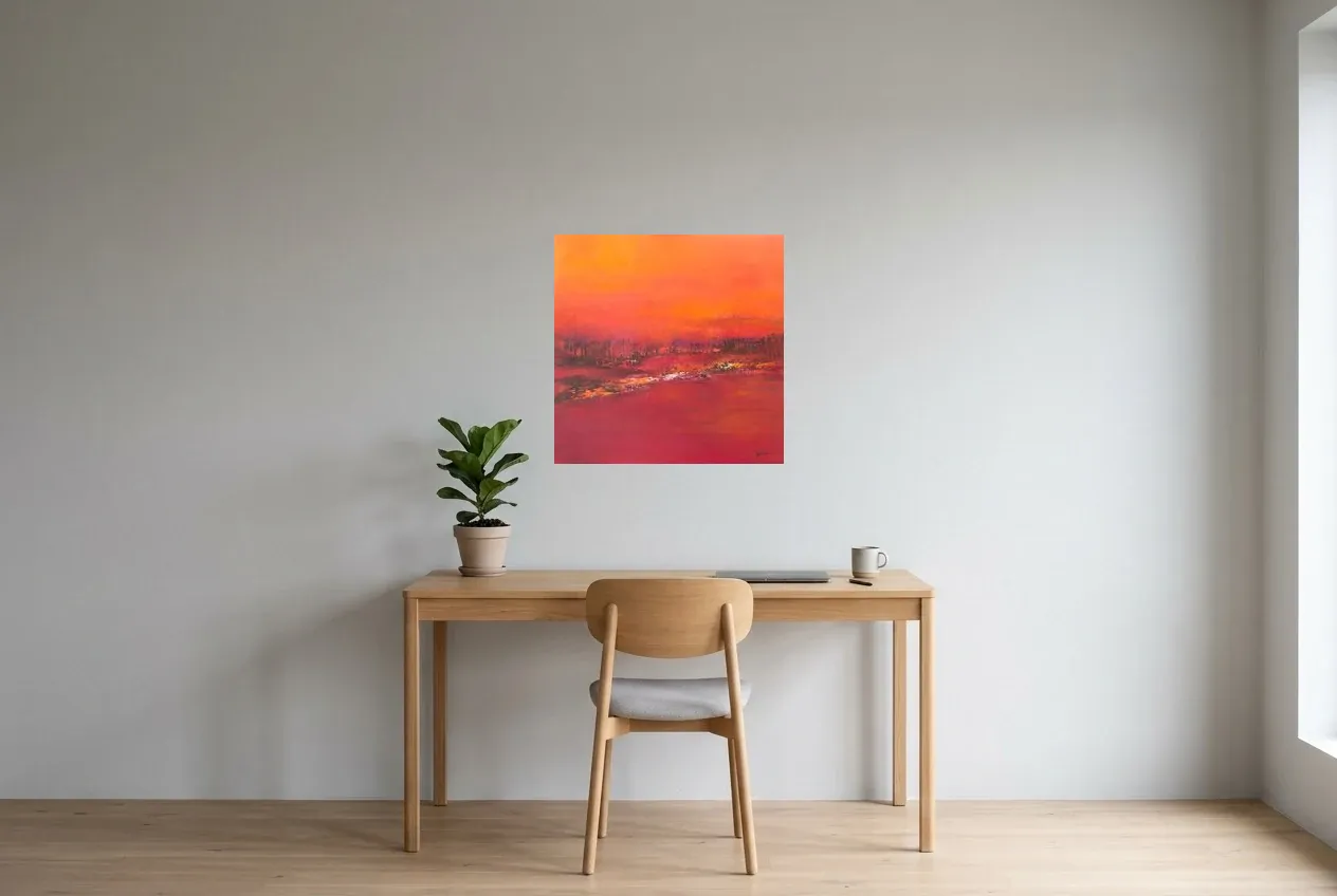 Tableau Abstrait Rouge 61 “Champ”, peinture originale à l'huile par Régine Gardan, 60 × 60 cm, tableau rouge accroché dans un bureau