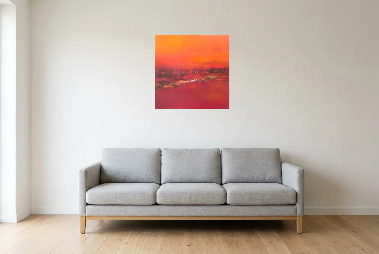 Tableau Abstrait Rouge 61 “Champ”, peinture originale à l'huile par Régine Gardan, 60 × 60 cm, tableau rouge accroché dans un salon