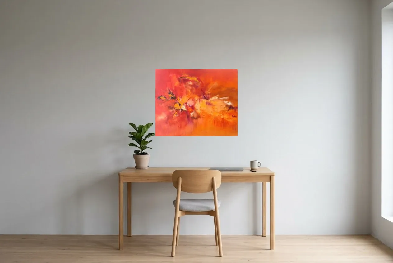 Tableau Abstrait Rouge 62 “Explosion”, peinture originale à l'huile par Régine Gardan, 73 × 60 cm, tableau rouge accroché dans un bureau