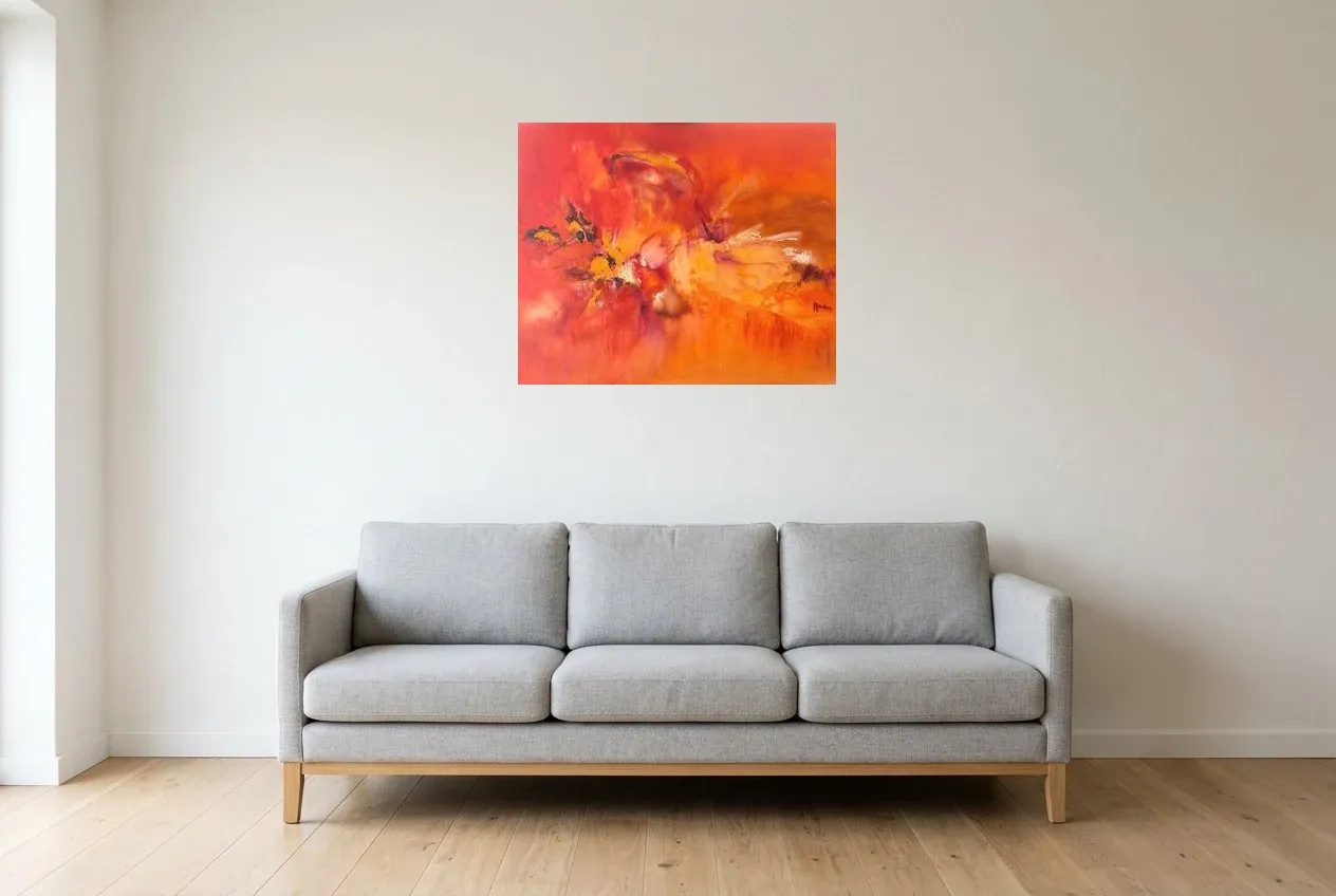 Tableau Abstrait Rouge 62 “Explosion”, peinture originale à l'huile par Régine Gardan, 73 × 60 cm, tableau rouge accroché dans un salon