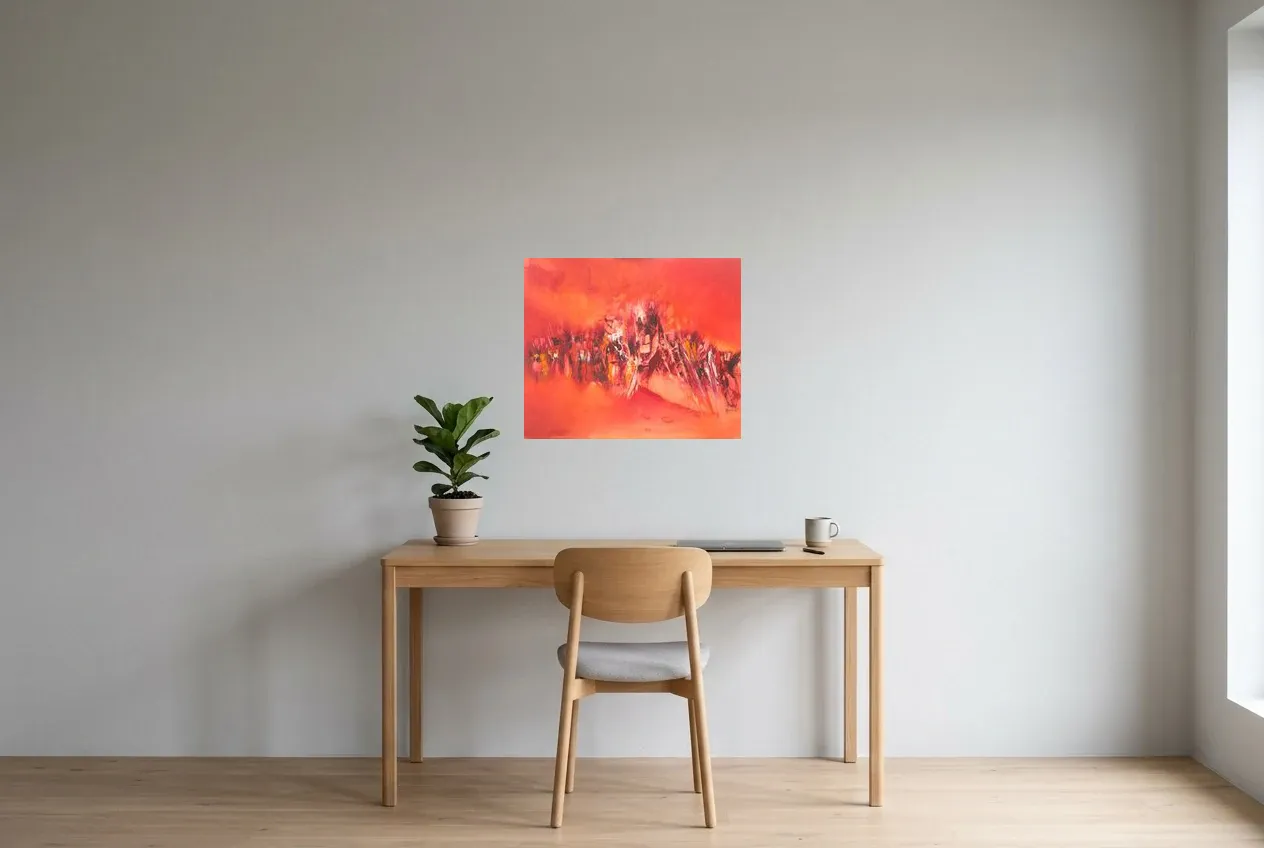 Tableau Abstrait Rouge 69 “Challenge”, peinture originale à l'huile par Régine Gardan, 60 × 50 cm, tableau rouge accroché dans un bureau
