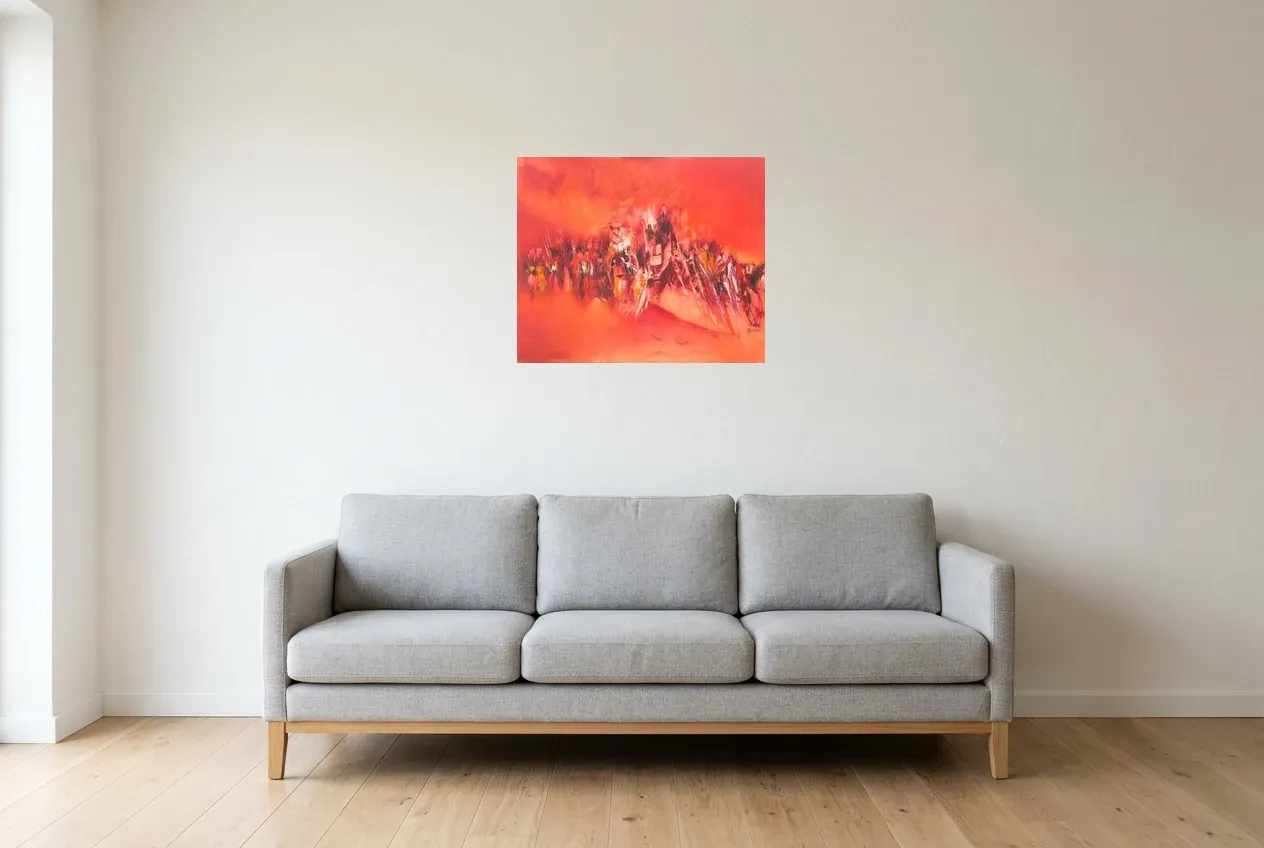 Tableau Abstrait Rouge 69 “Challenge”, peinture originale à l'huile par Régine Gardan, 60 × 50 cm, tableau rouge accroché dans un salon