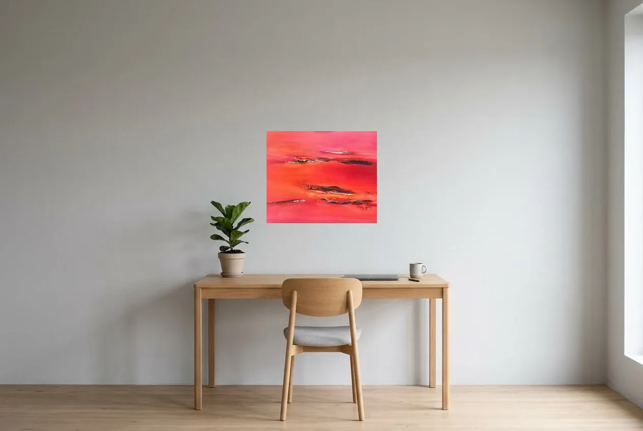 Tableau Abstrait Rouge 70 “Le Passage”, peinture originale à l'huile par Régine Gardan, 60 × 50 cm, tableau rouge accroché dans un bureau