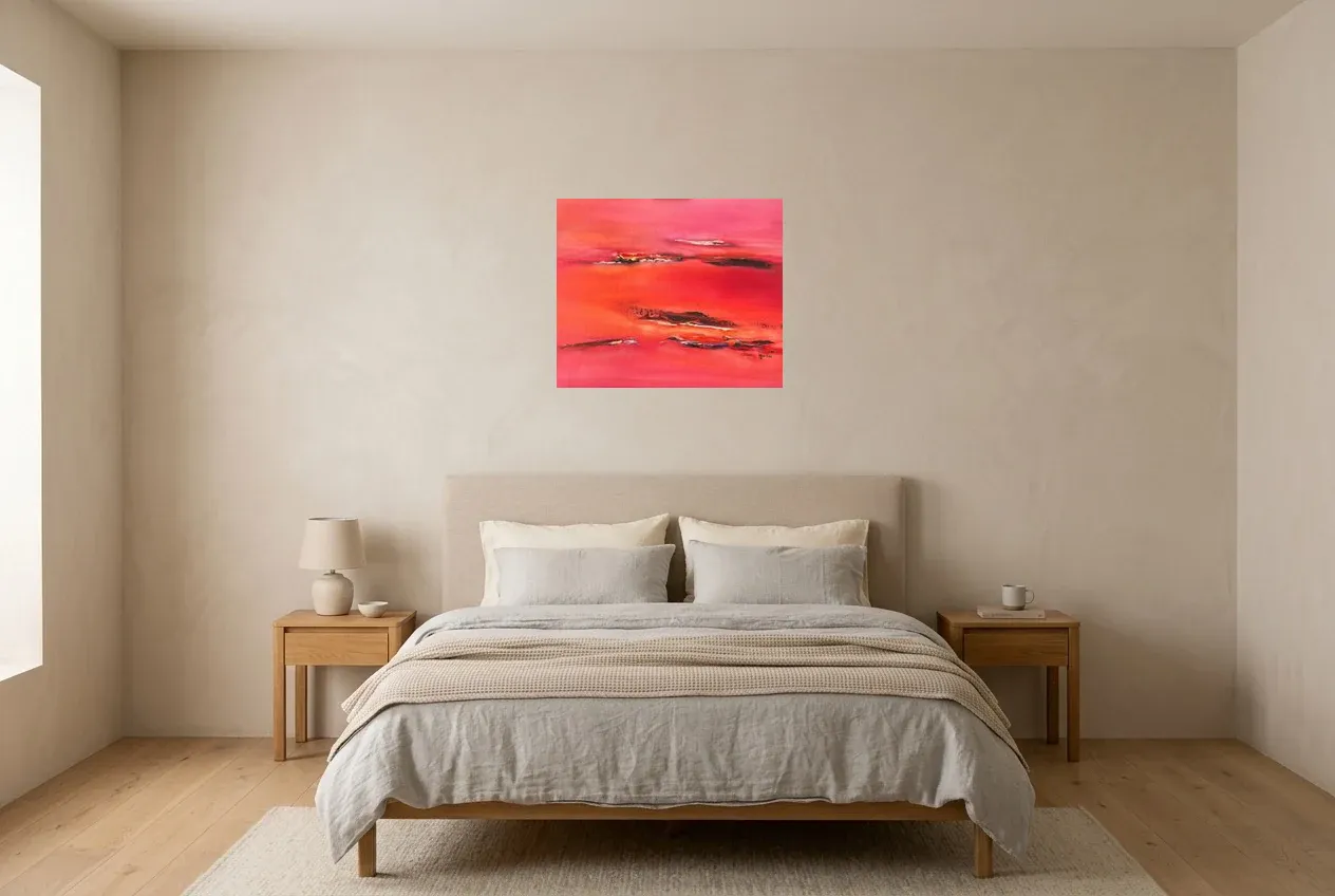 Tableau Abstrait Rouge 70 “Le Passage”, peinture originale à l'huile par Régine Gardan, 60 × 50 cm, tableau rouge accroché dans une chambre