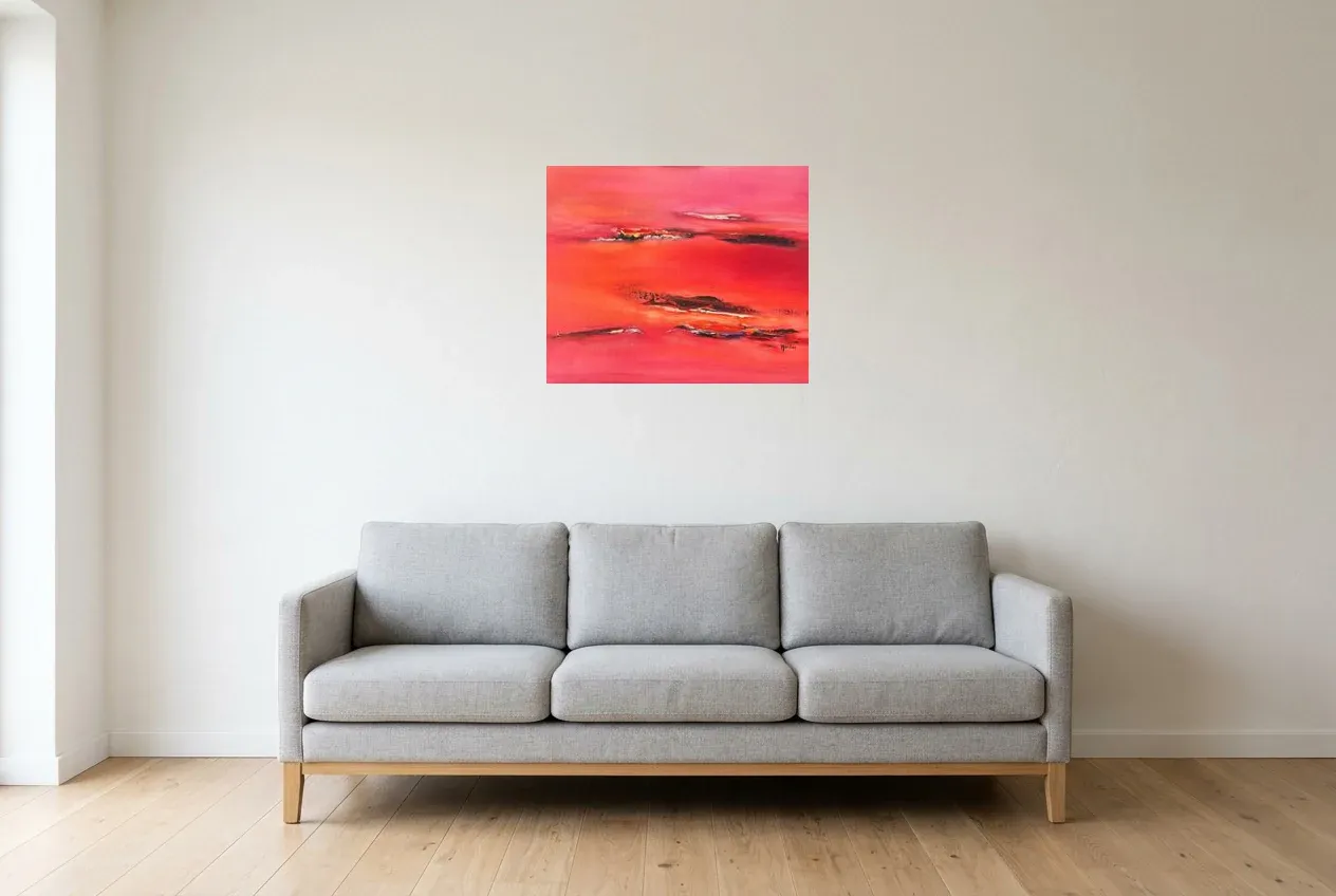 Tableau Abstrait Rouge 70 “Le Passage”, peinture originale à l'huile par Régine Gardan, 60 × 50 cm, tableau rouge accroché dans un salon