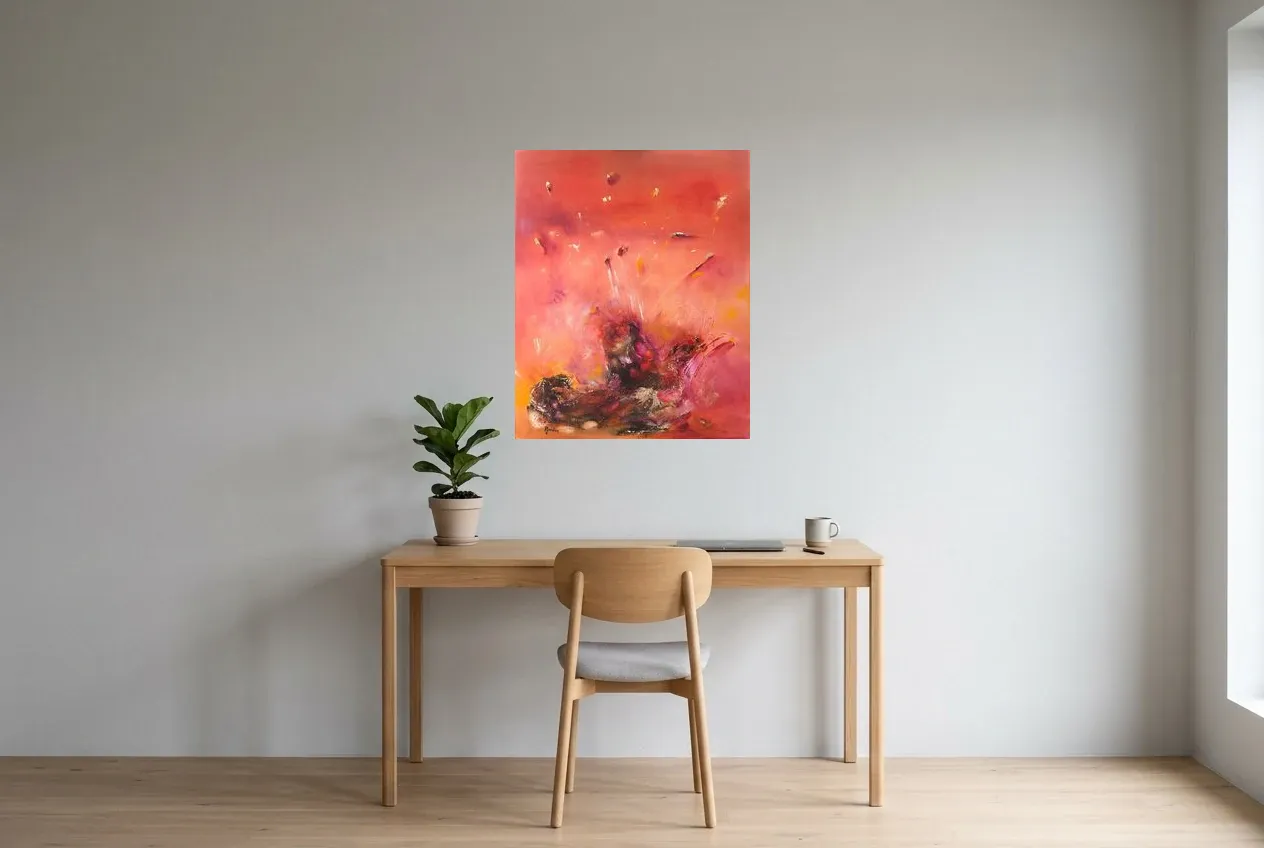 Tableau Abstrait Rouge 72 “Fiesta”, peinture originale à l'huile par Régine Gardan, 65 × 80 cm, tableau rouge accroché dans un bureau