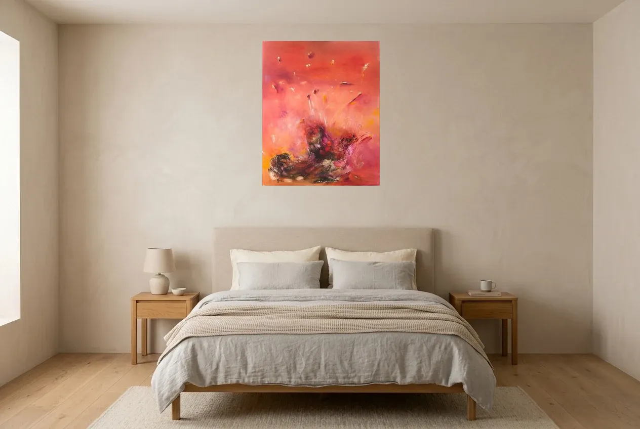 Tableau Abstrait Rouge 72 “Fiesta”, peinture originale à l'huile par Régine Gardan, 65 × 80 cm, tableau rouge accroché dans une chambre