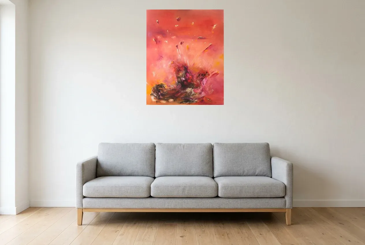 Tableau Abstrait Rouge 72 “Fiesta”, peinture originale à l'huile par Régine Gardan, 65 × 80 cm, tableau rouge accroché dans un salon
