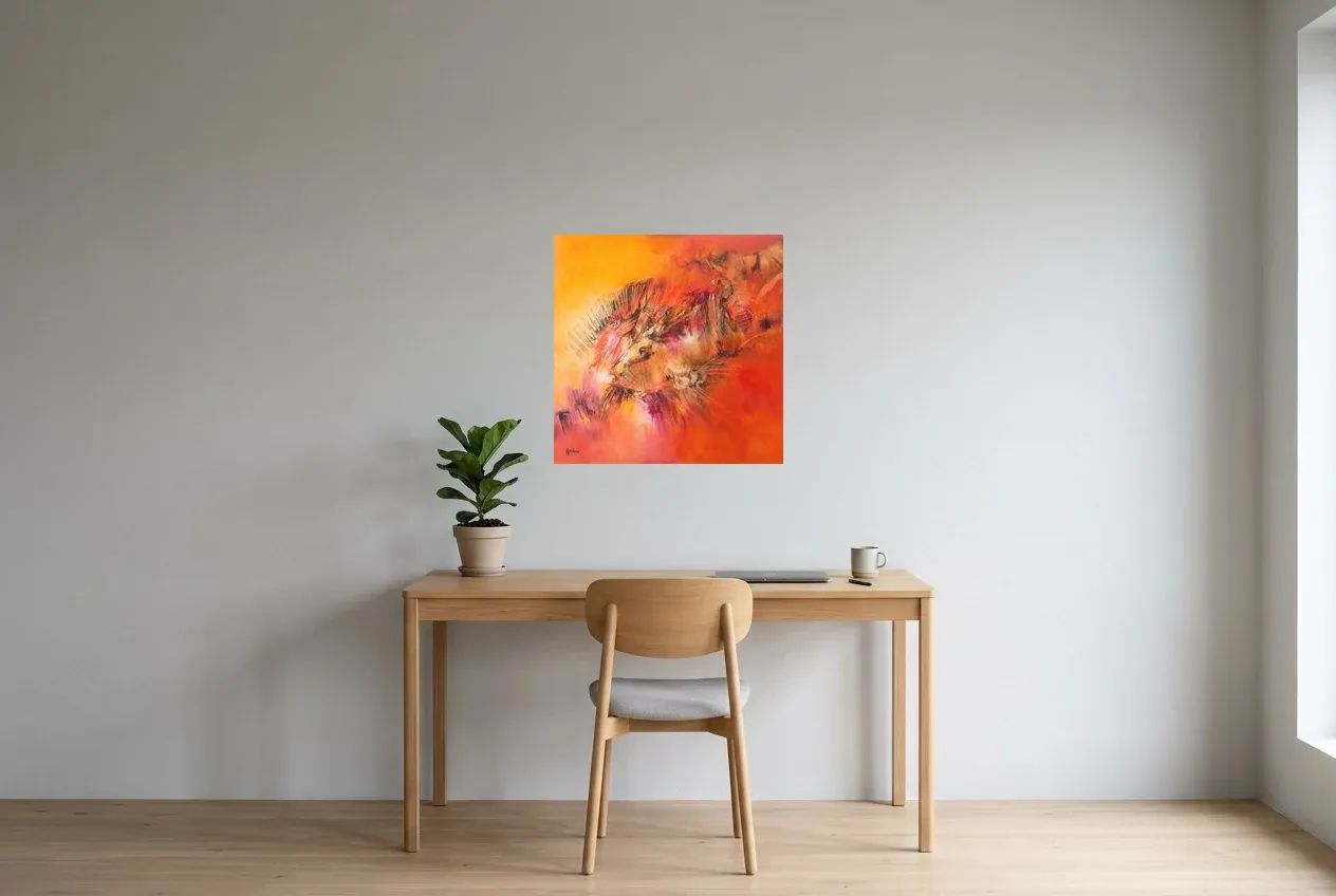 Tableau Abstrait Rouge 83 “Fossile”, peinture originale à l'huile par Régine Gardan, 60 × 60 cm, tableau rouge accroché dans un bureau
