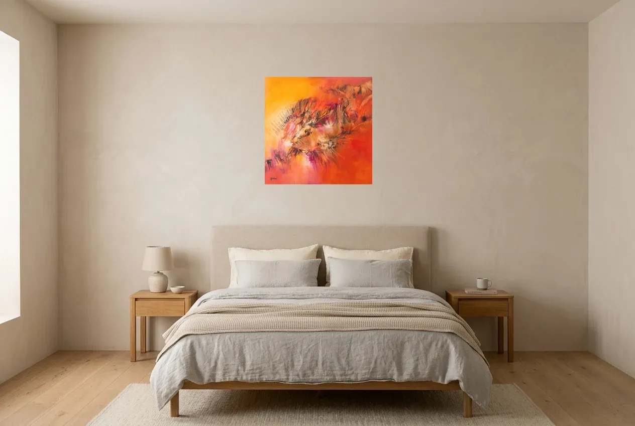 Tableau Abstrait Rouge 83 “Fossile”, peinture originale à l'huile par Régine Gardan, 60 × 60 cm, tableau rouge accroché dans une chambre