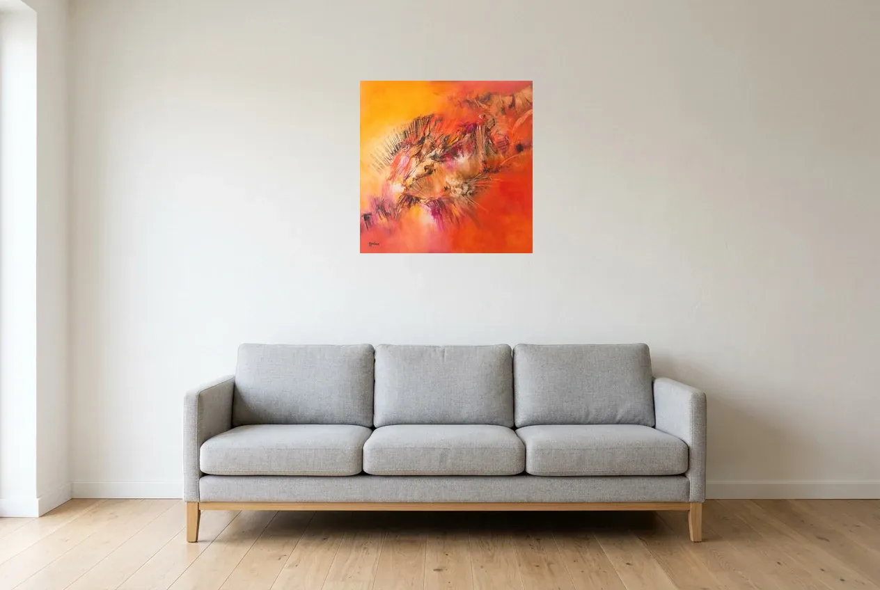 Tableau Abstrait Rouge 83 “Fossile”, peinture originale à l'huile par Régine Gardan, 60 × 60 cm, tableau rouge accroché dans un salon