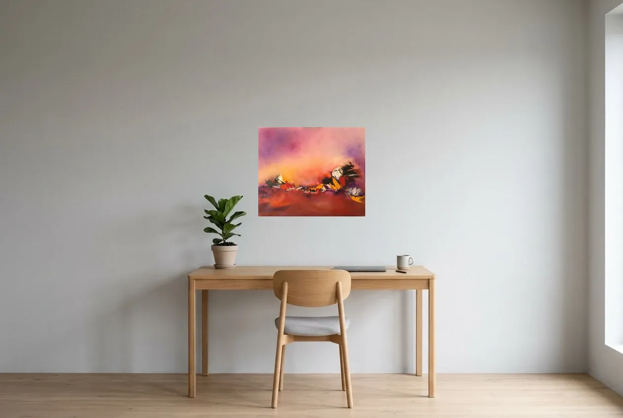 Tableau Abstrait Rouge 84 “Amour”, peinture originale à l'huile par Régine Gardan, 60 × 50 cm, tableau rouge accroché dans un bureau