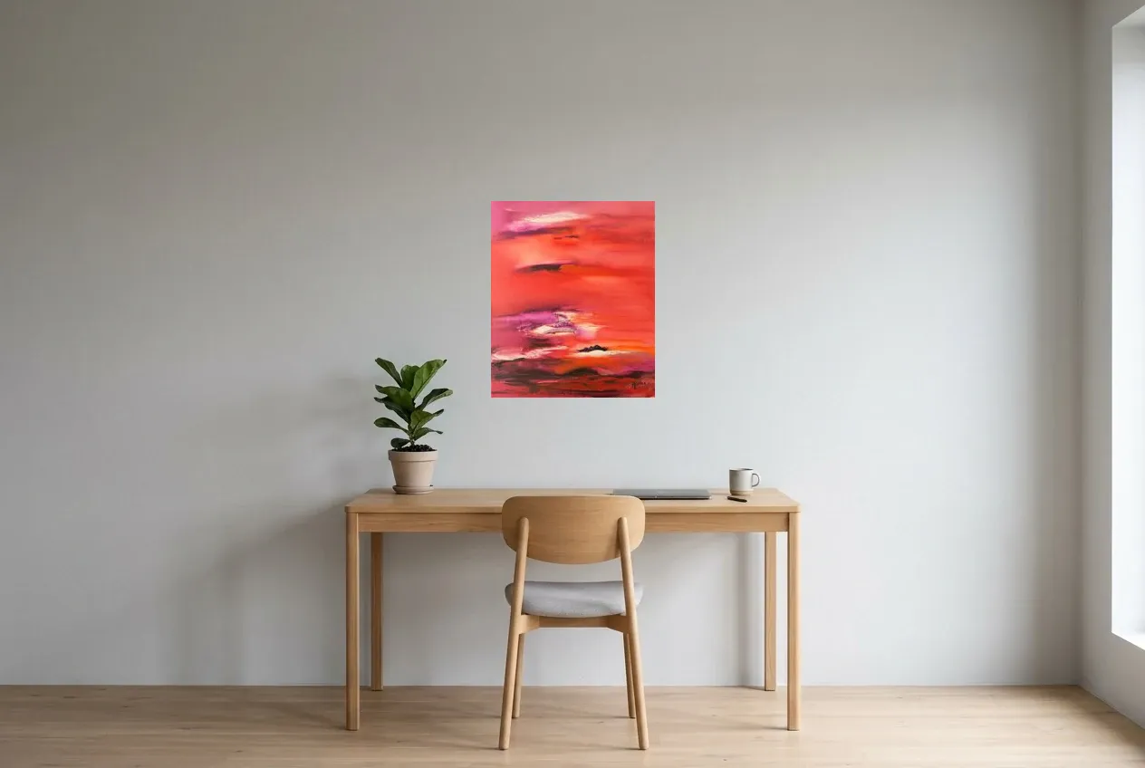 Tableau Abstrait Rouge 85 “Crépuscule”, peinture originale à l'huile par Régine Gardan, 50 × 60 cm, tableau rouge accroché dans un bureau