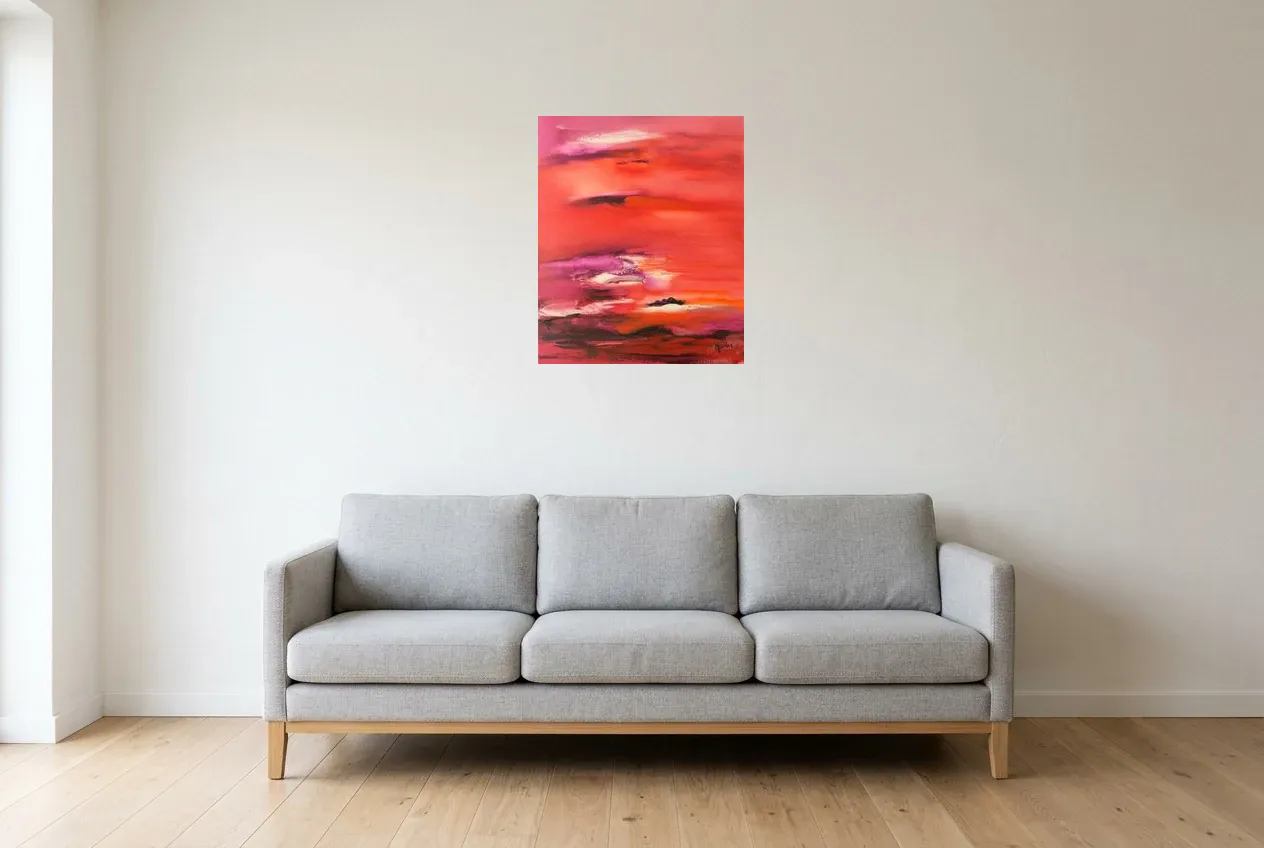 Tableau Abstrait Rouge 85 “Crépuscule”, peinture originale à l'huile par Régine Gardan, 50 × 60 cm, tableau rouge accroché dans un salon