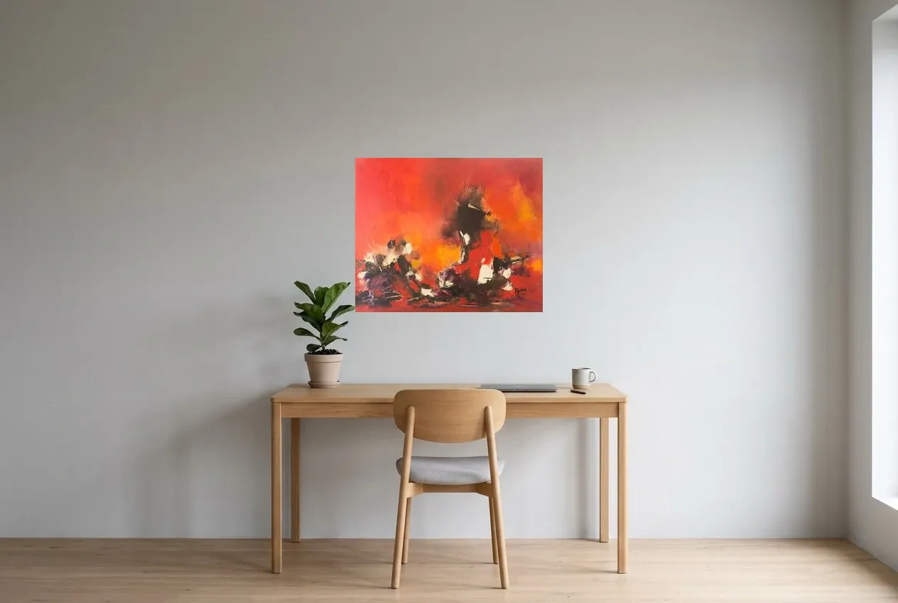 Tableau Abstrait Rouge 87 “Throne de Feu”, peinture originale à l'huile par Régine Gardan, 73 × 60 cm, tableau rouge accroché dans un bureau