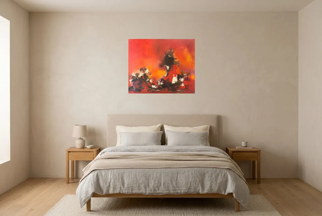 Tableau Abstrait Rouge 87 “Throne de Feu”, peinture originale à l'huile par Régine Gardan, 73 × 60 cm, tableau rouge accroché dans une chambre
