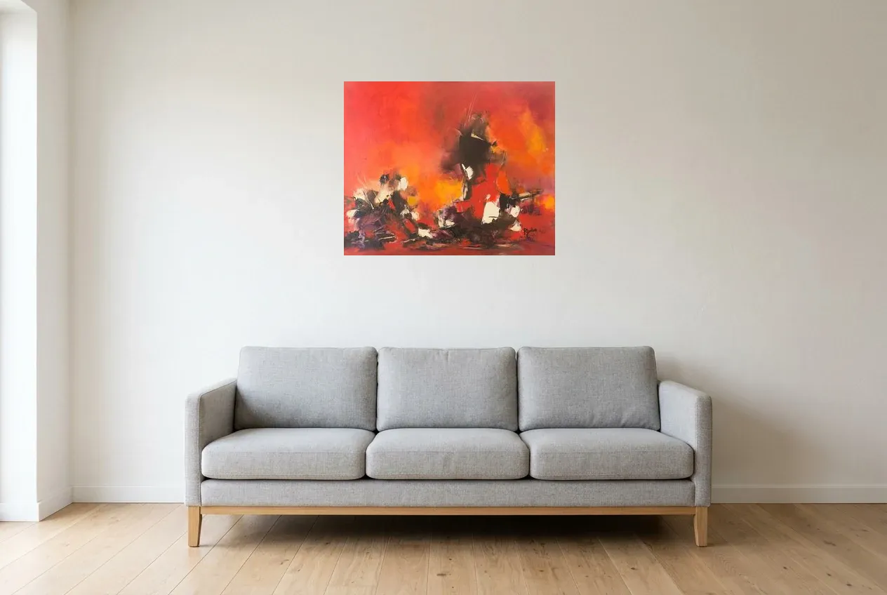 Tableau Abstrait Rouge 87 “Throne de Feu”, peinture originale à l'huile par Régine Gardan, 73 × 60 cm, tableau rouge accroché dans un salon