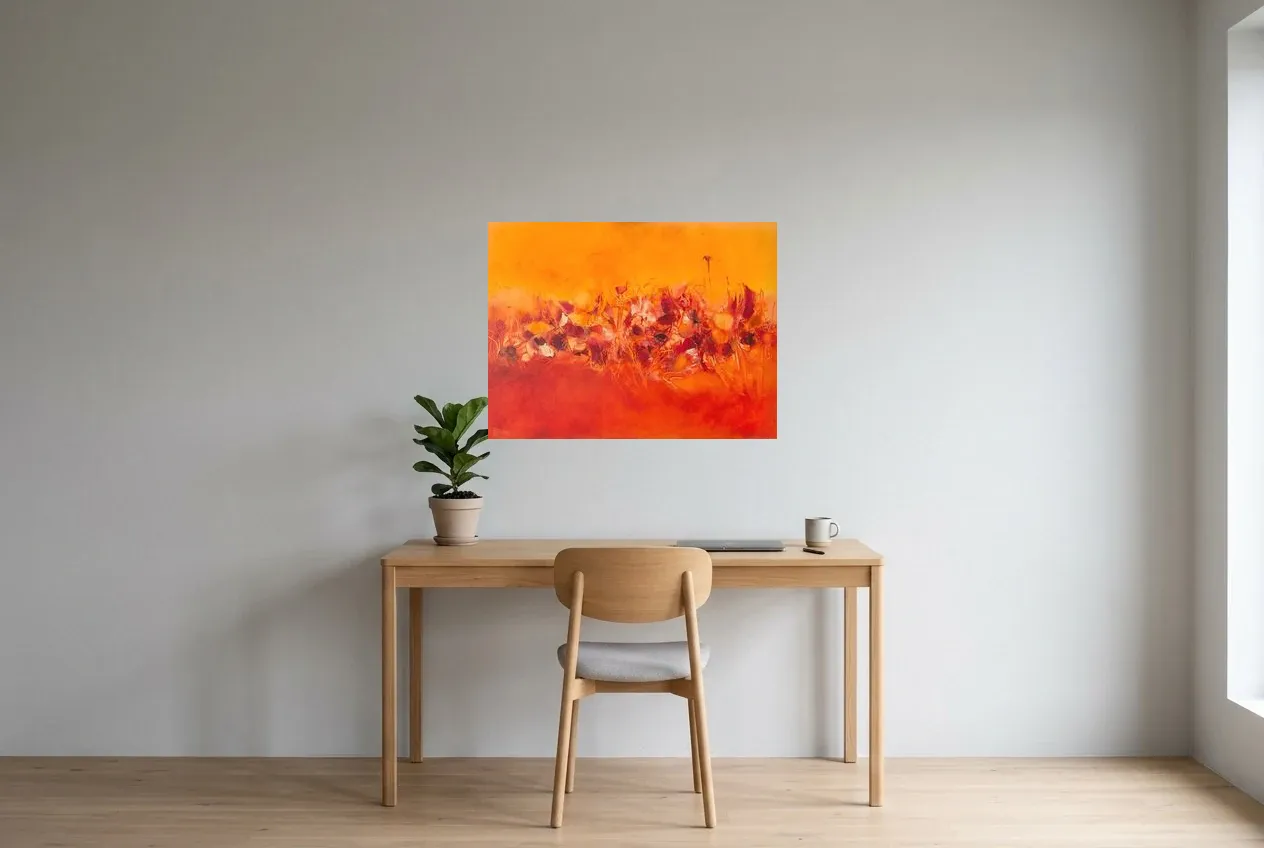 Tableau Abstrait Rouge 94 “Faune et Flore”, peinture originale à l'huile par Régine Gardan, 80 × 60 cm, tableau rouge accroché dans un bureau