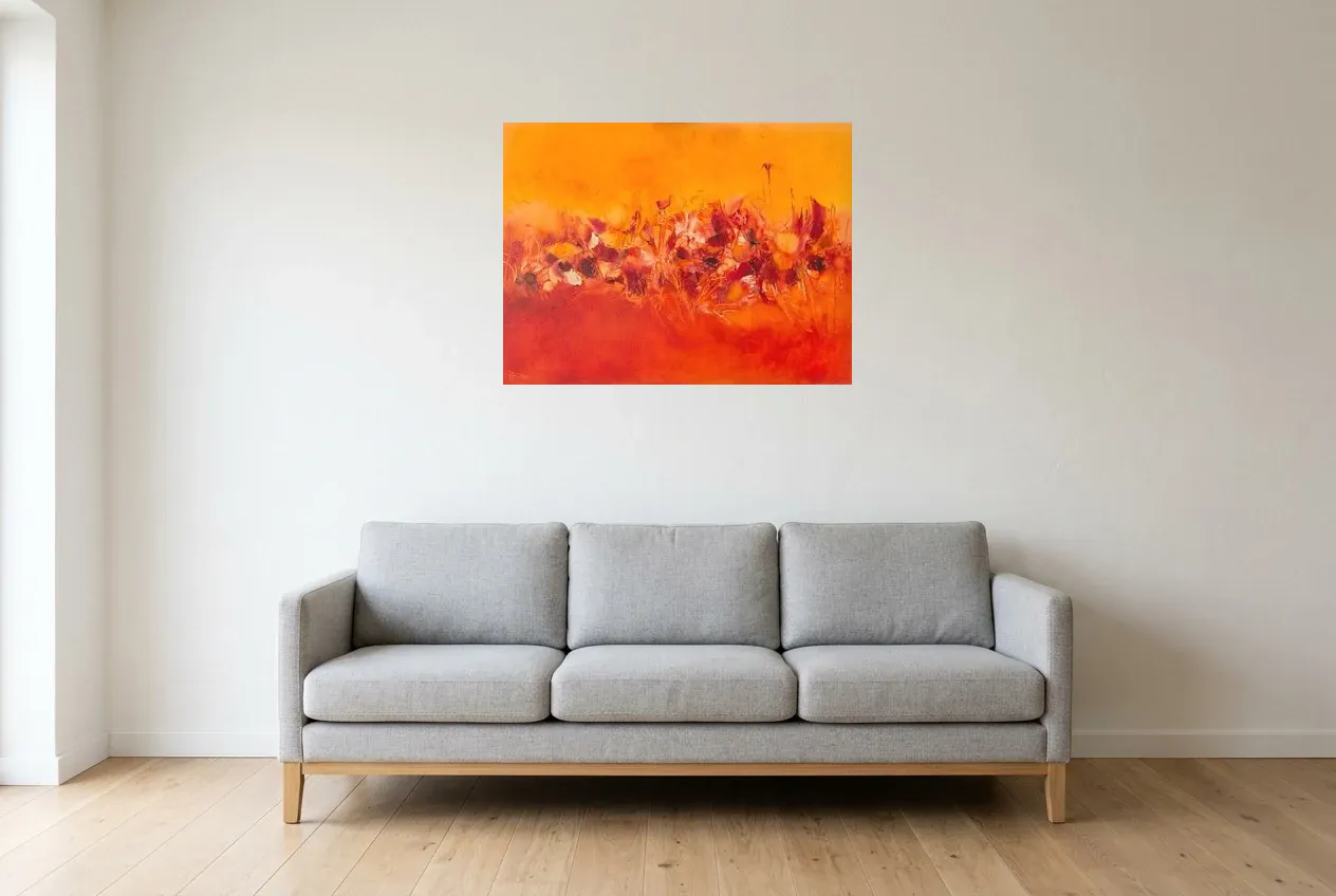 Tableau Abstrait Rouge 94 “Faune et Flore”, peinture originale à l'huile par Régine Gardan, 80 × 60 cm, tableau rouge accroché dans un salon