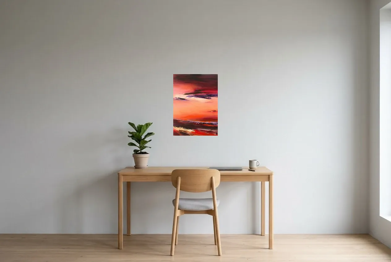 Tableau Abstrait Rouge 95 “Le Temps”, peinture originale à l'huile par Régine Gardan, 40 × 55 cm, tableau rouge accroché dans un bureau