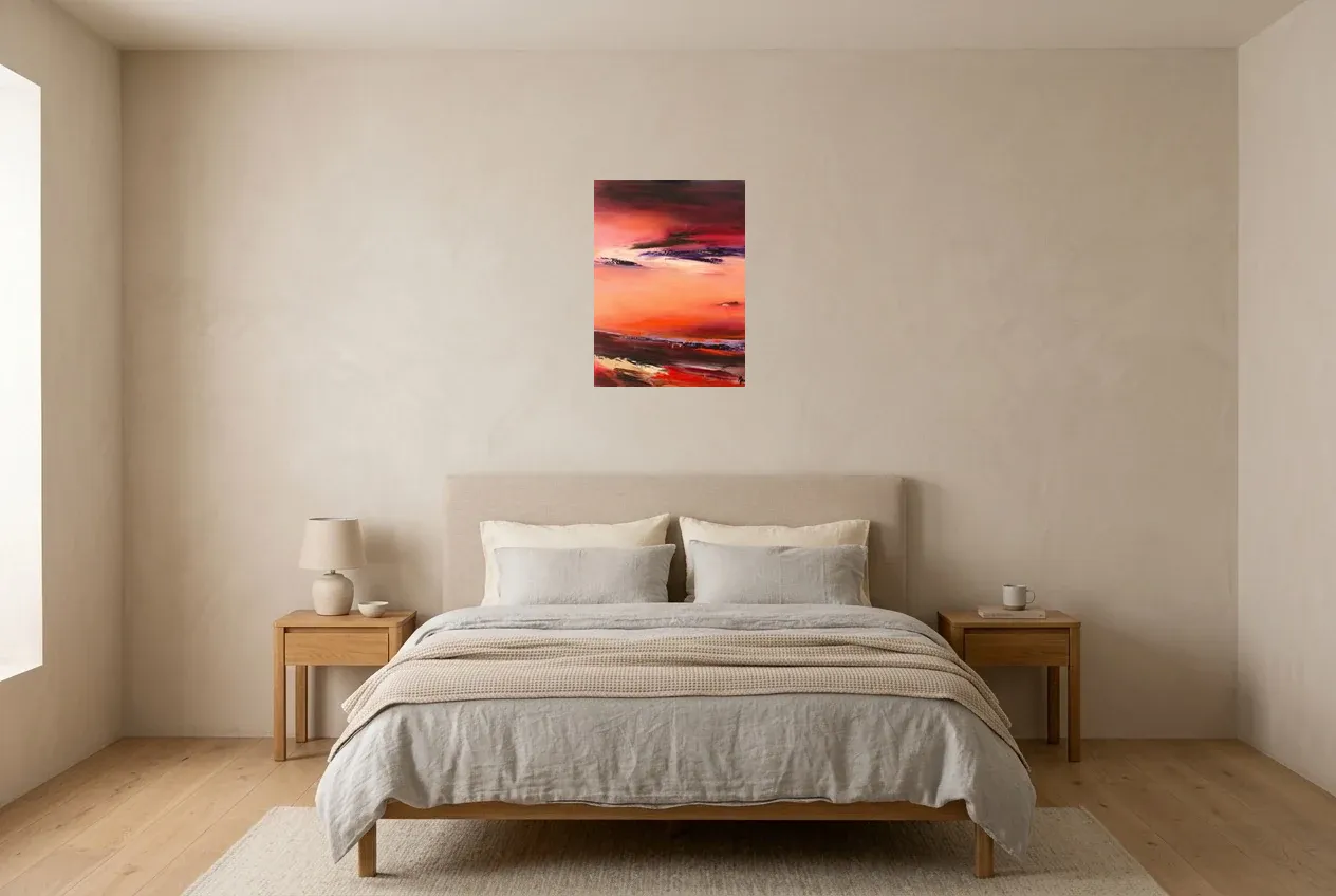 Tableau Abstrait Rouge 95 “Le Temps”, peinture originale à l'huile par Régine Gardan, 40 × 55 cm, tableau rouge accroché dans une chambre