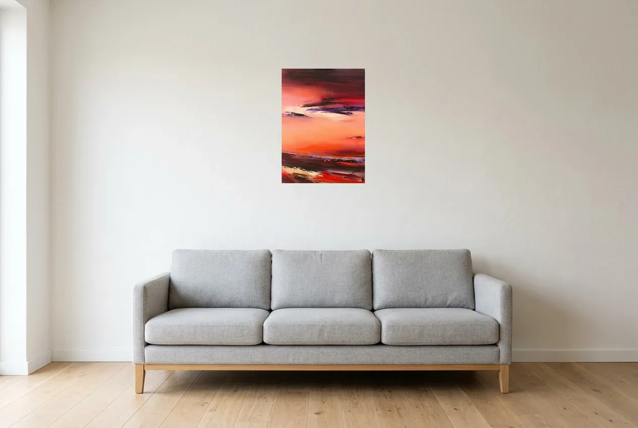 Tableau Abstrait Rouge 95 “Le Temps”, peinture originale à l'huile par Régine Gardan, 40 × 55 cm, tableau rouge accroché dans un salon