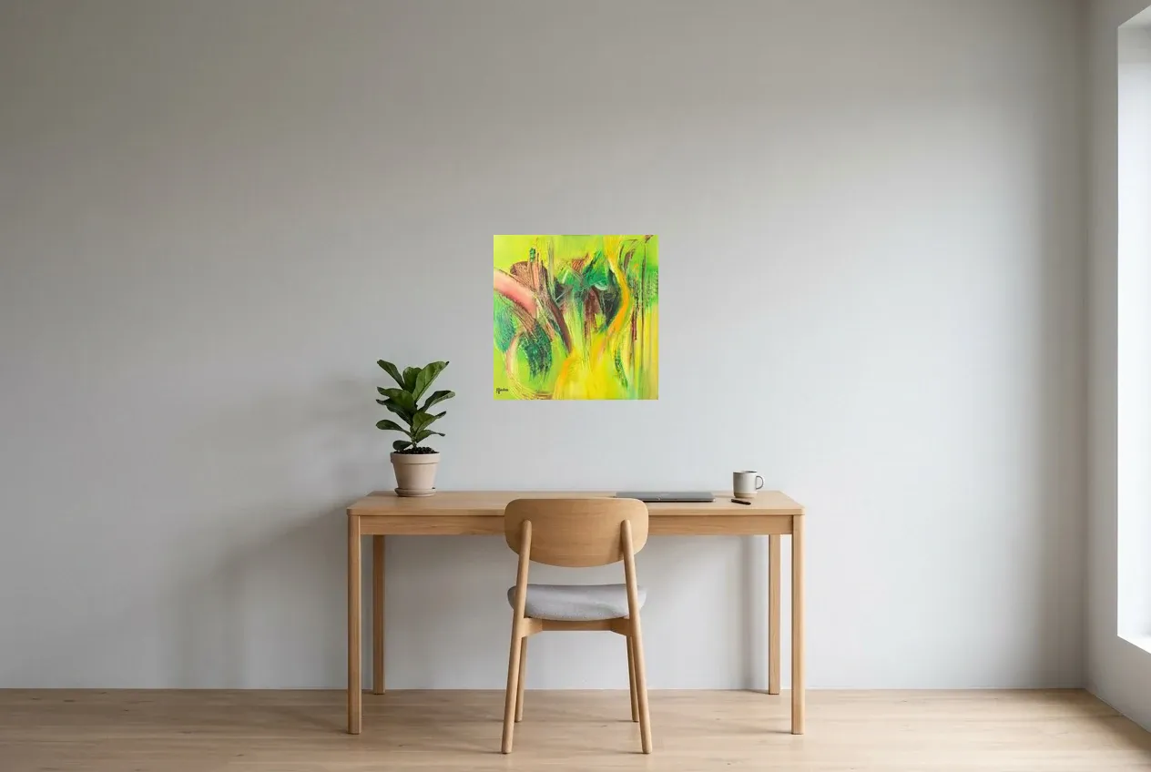 Tableau Abstrait Vert 110 “Algue”, peinture originale à l'huile par Régine Gardan, 50 × 50 cm, tableau vert accroché dans un bureau