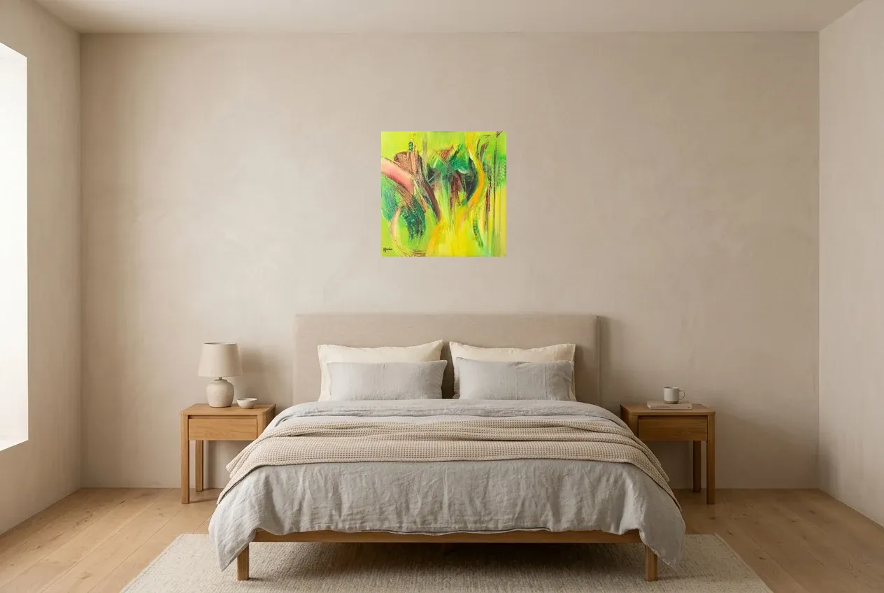 Tableau Abstrait Vert 110 “Algue”, peinture originale à l'huile par Régine Gardan, 50 × 50 cm, tableau vert accroché dans une chambre