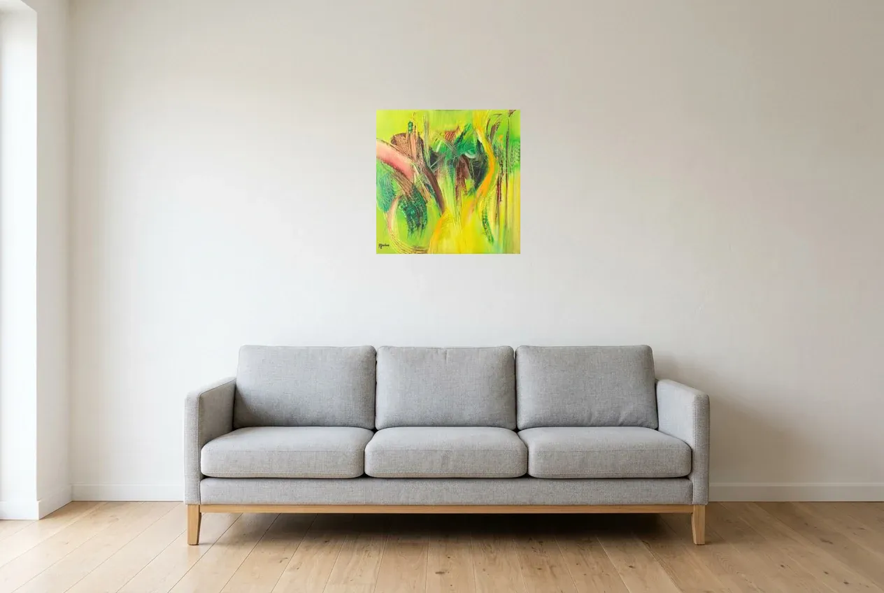 Tableau Abstrait Vert 110 “Algue”, peinture originale à l'huile par Régine Gardan, 50 × 50 cm, tableau vert accroché dans un salon