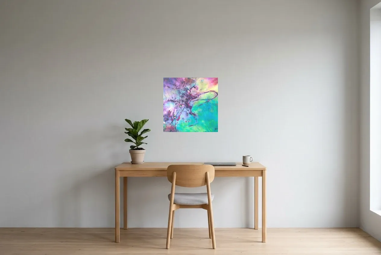 Tableau Abstrait Vert 112 “Nébuleuse”, peinture originale à l'huile par Régine Gardan, 50 × 50 cm, tableau vert accroché dans un bureau