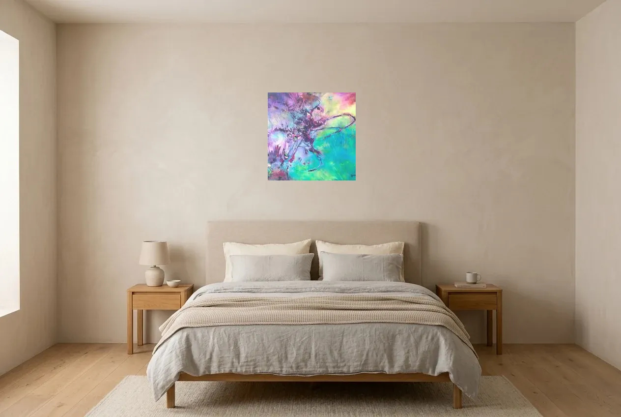 Tableau Abstrait Vert 112 “Nébuleuse”, peinture originale à l'huile par Régine Gardan, 50 × 50 cm, tableau vert accroché dans une chambre