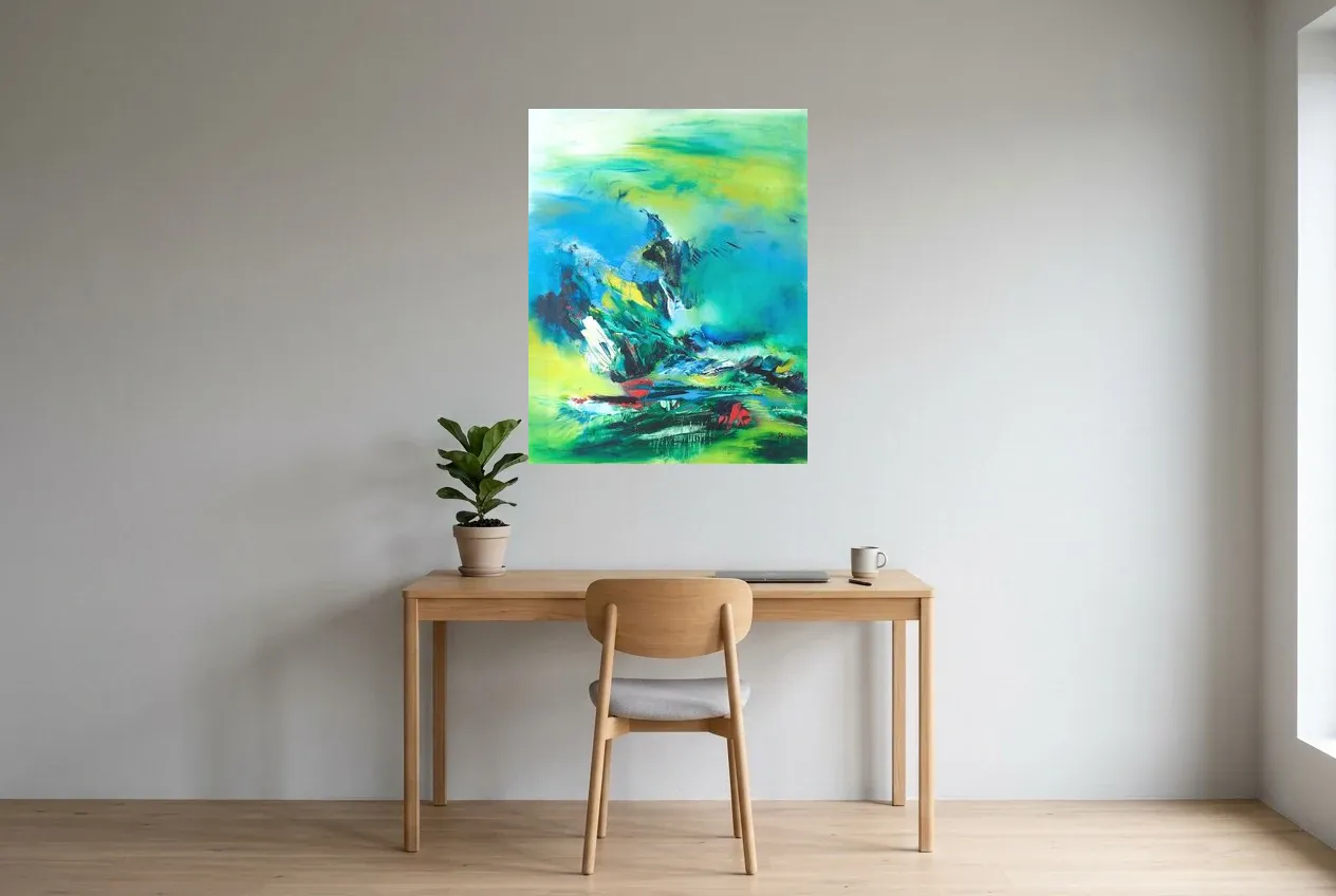 Tableau Abstrait Vert 117 “Aigle”, peinture originale à l'huile par Régine Gardan, 73 × 93 cm, tableau vert accroché dans un bureau