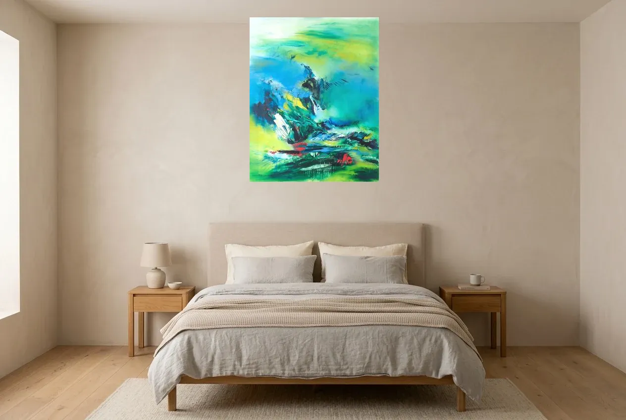 Tableau Abstrait Vert 117 “Aigle”, peinture originale à l'huile par Régine Gardan, 73 × 93 cm, tableau vert accroché dans une chambre