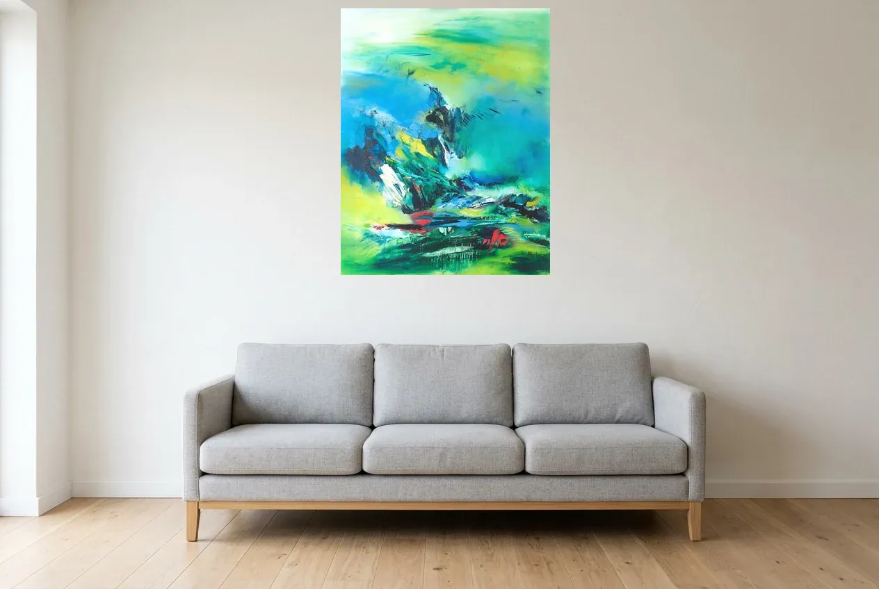 Tableau Abstrait Vert 117 “Aigle”, peinture originale à l'huile par Régine Gardan, 73 × 93 cm, tableau vert accroché dans un salon