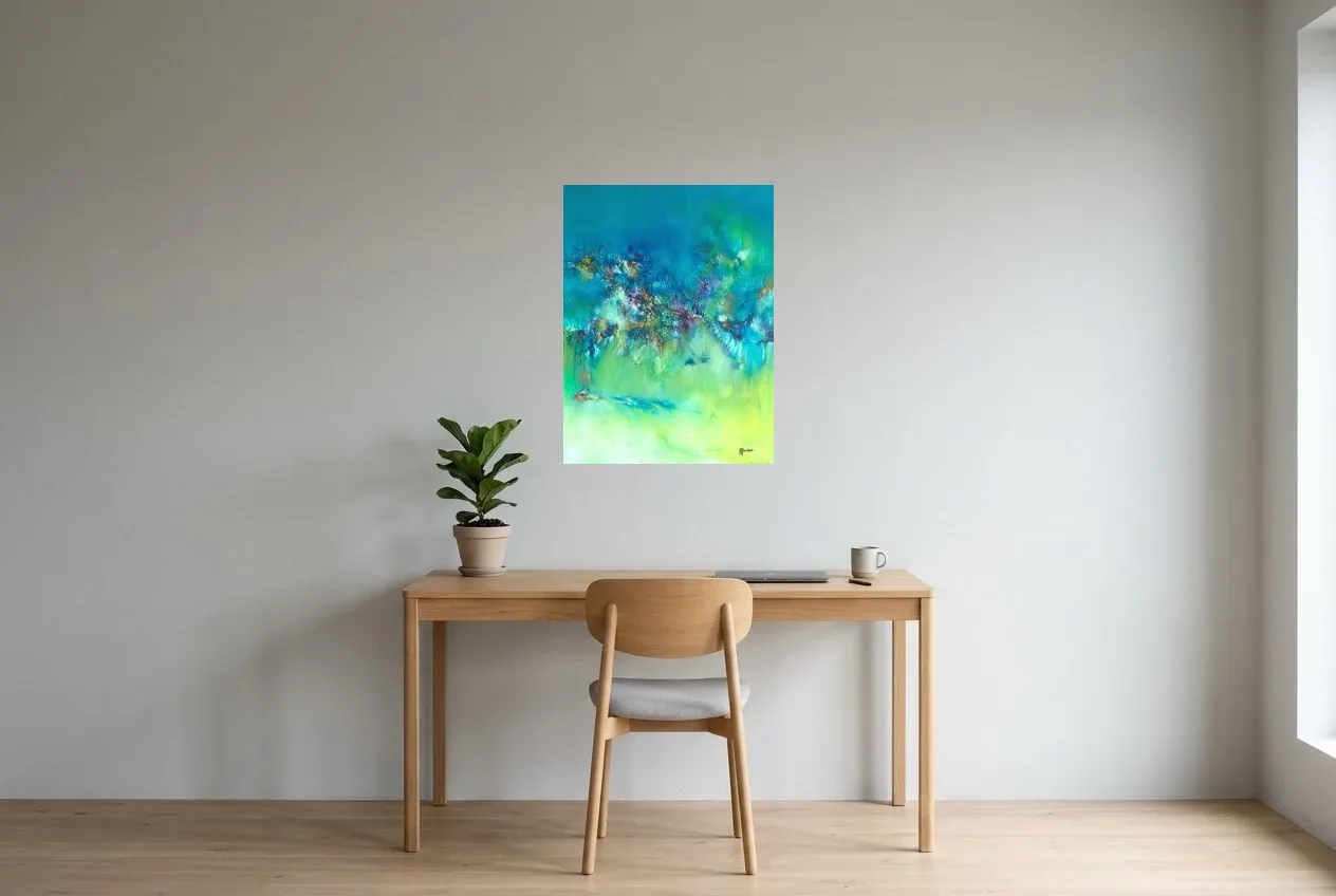 Tableau Abstrait Vert 122 “Distorsion”, peinture originale à l'huile par Régine Gardan, 55 × 73 cm, tableau vert accroché dans un bureau